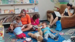 Families enjoy the Benjamin Children's Library.